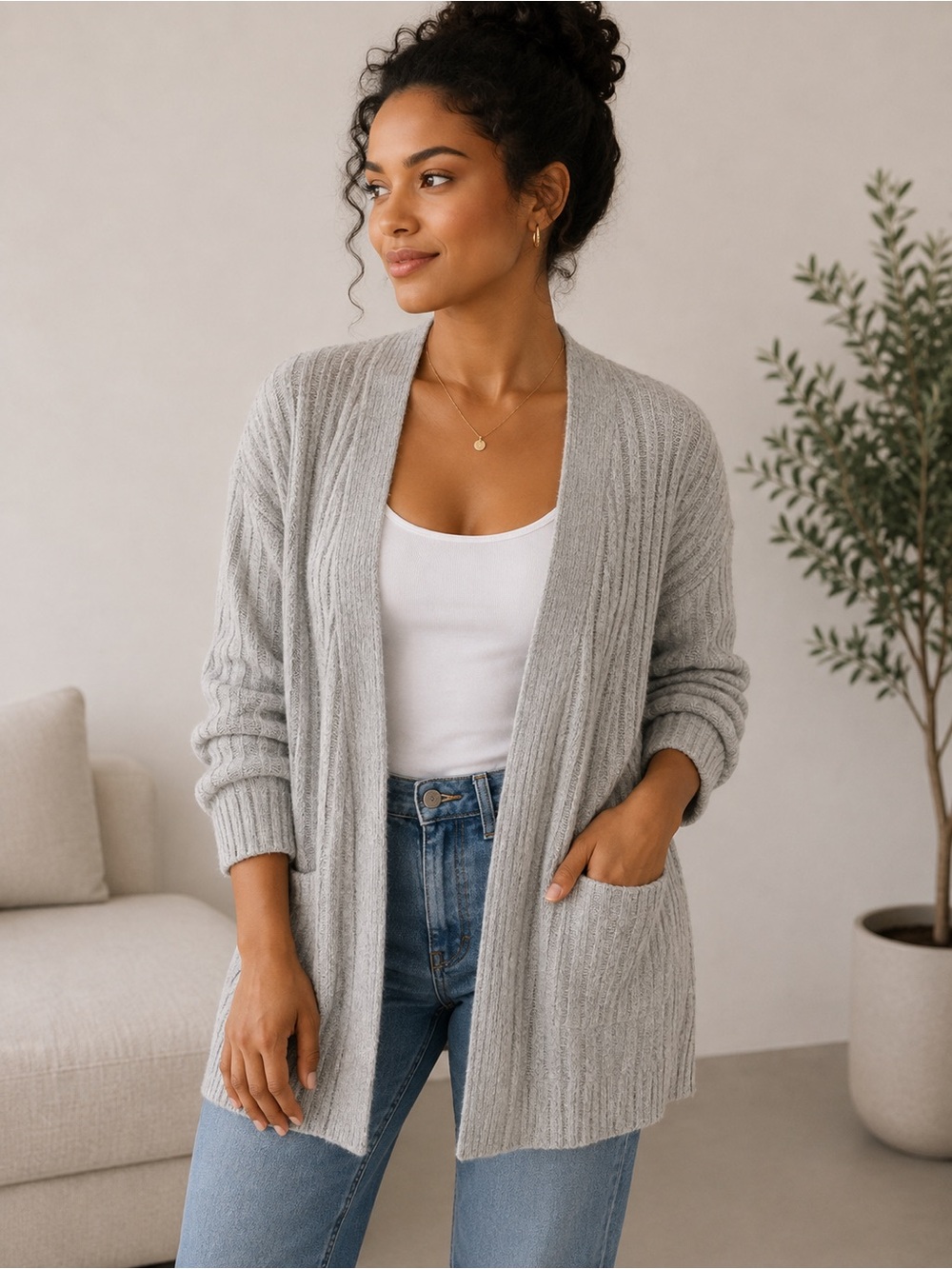 Michael Kors Light Gray Ribbed Open-Front Cardigan
